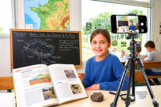 Un appareil photo monté sur un trépied professionnel dans une école
