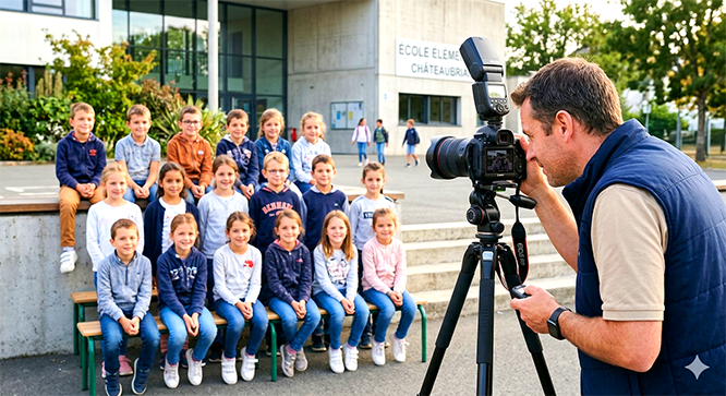 Installation professionnelle pour photo de groupe scolaire avec éclairage et mise au point
