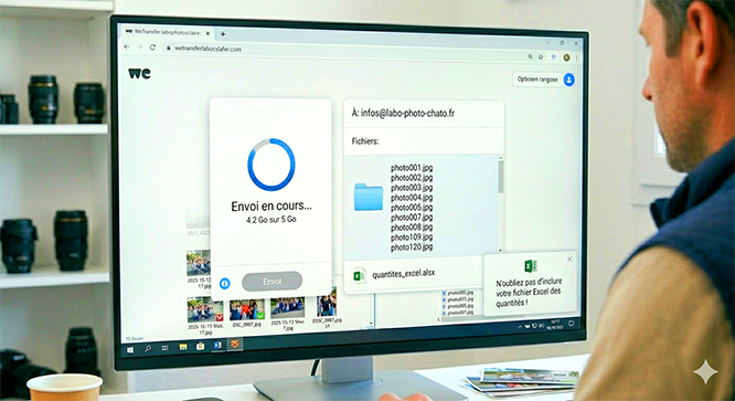 Interface WeTransfer affichant le transfert de fichiers photo lourds