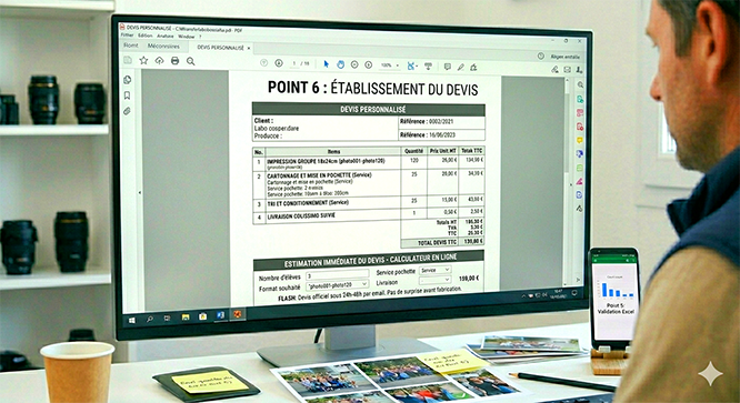 Devis PDF détaillé affiché sur un écran d'ordinateur au laboratoire