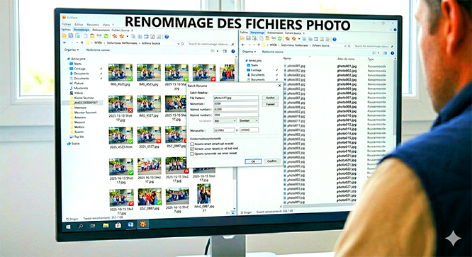 Interface de renommage par lot affichant la convention photo001.jpg